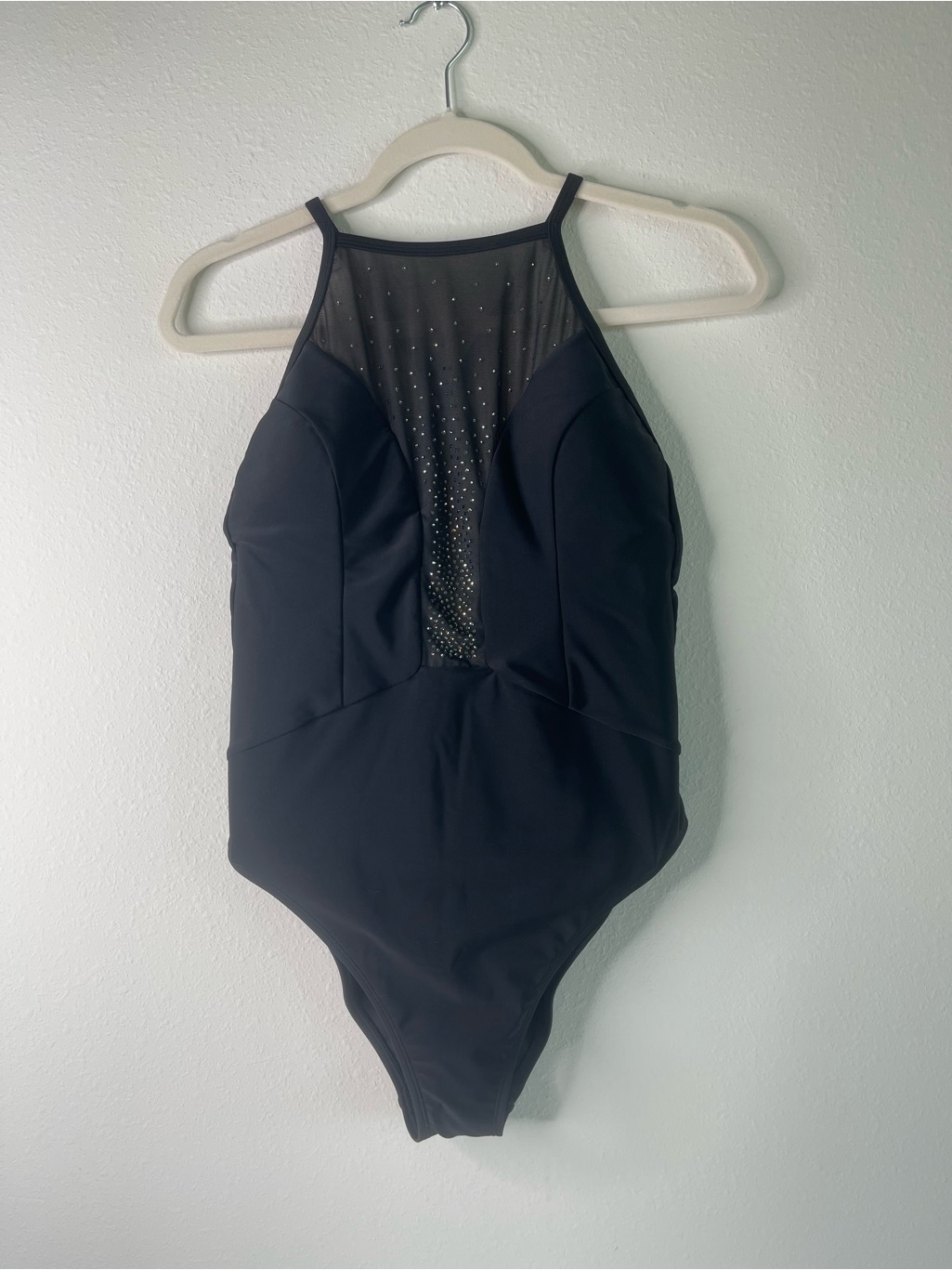 L’agence Black High Neck Size L One Piece Swimsuit Mesh Rhinestones New $275
